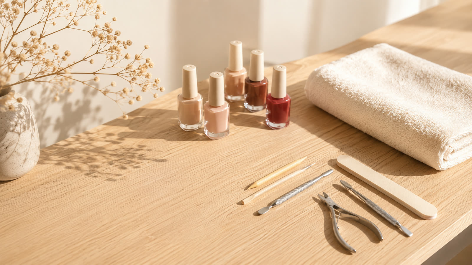 Arbeitsplatz im Nagelstudio mit Gel-Nagellacken in Nude- und Rottönen